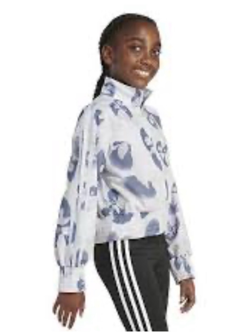 adidas Girls' White Jacket with Blue Graphic Print - Picture 1 of 5